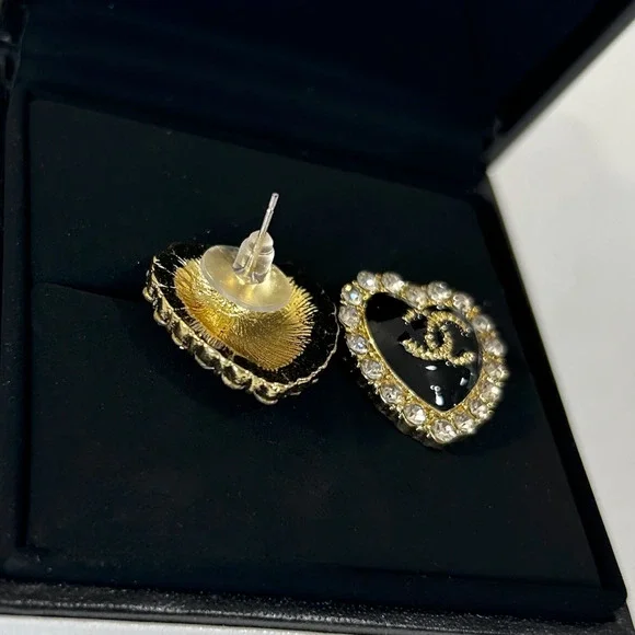 18K Gold Plated Luxury Crystal Trim Heart .925 Designer CC Logo Black Crystals - Picture 3 of 5